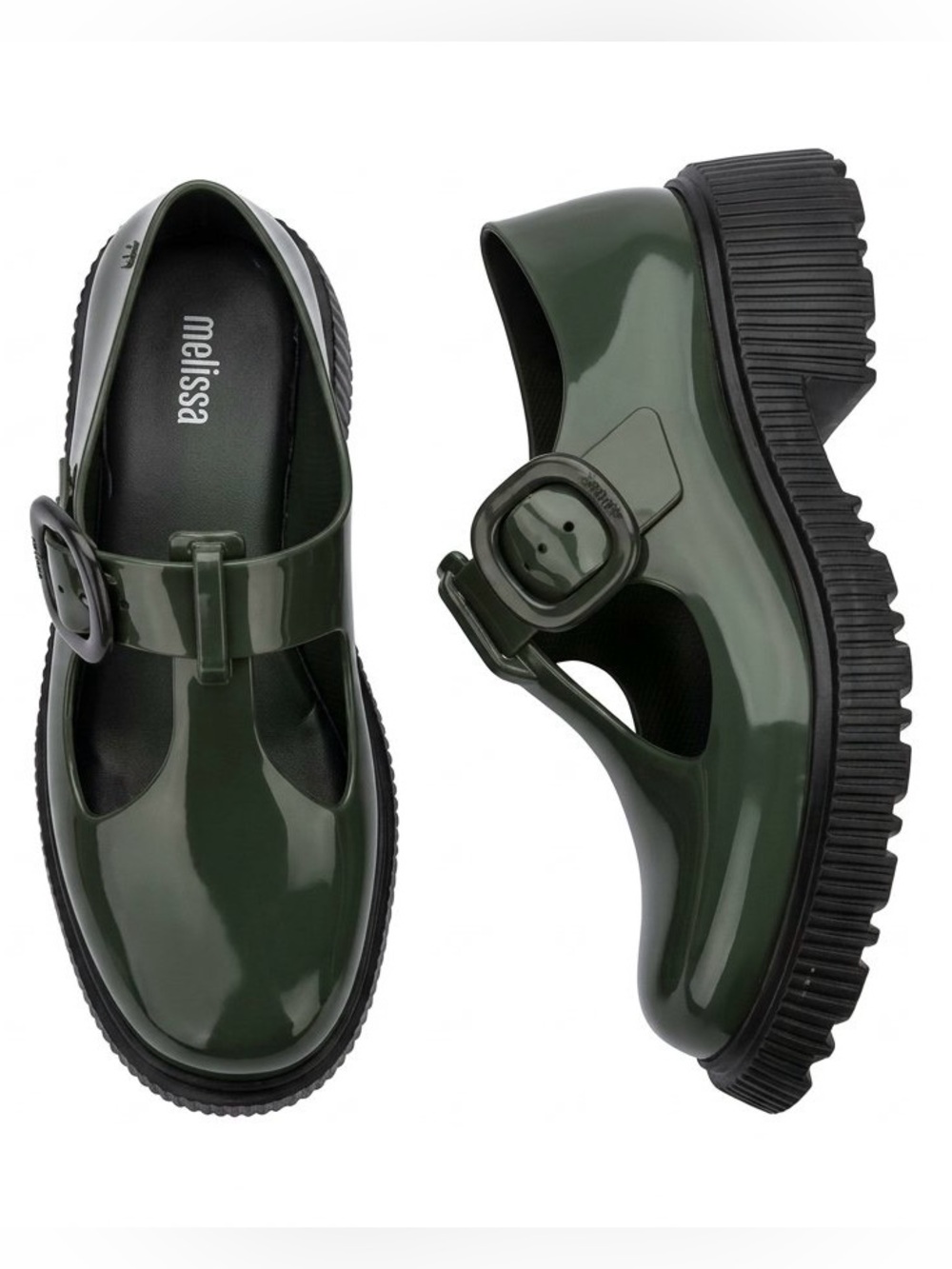 Melissa Girls Olive Green Mary Jane Jelly Shoes with Chunky Black Sole